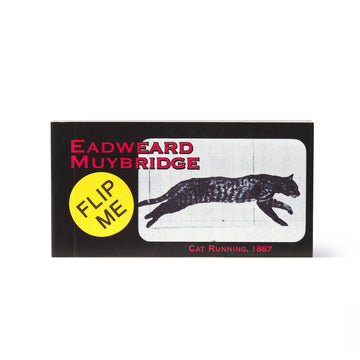 Card with Eadweard Muybridge's name and a cat running illustration on a white background. Flip books are those little books that show a movie or animation in your hands when you flip the pages with your thumb. Academy Museum